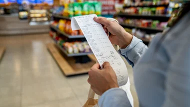 Person looking at a receipt at a grocery store