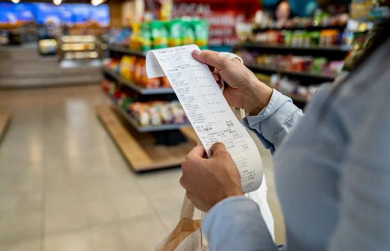 Person looking at a receipt at a grocery store